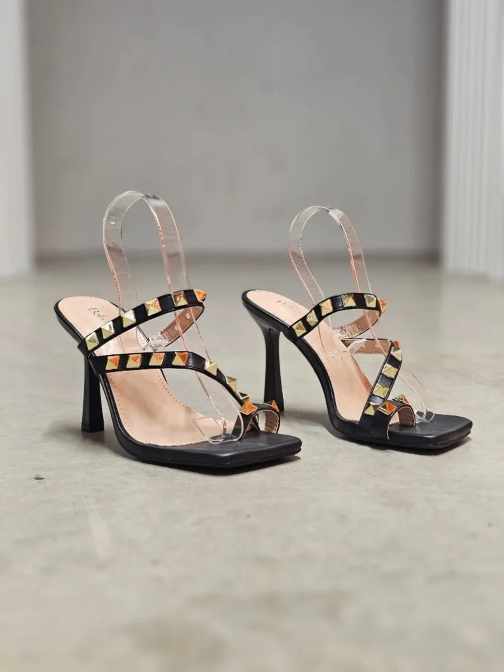 Black Studded High Heel Sandals With Straps And Square Toe Design For Women